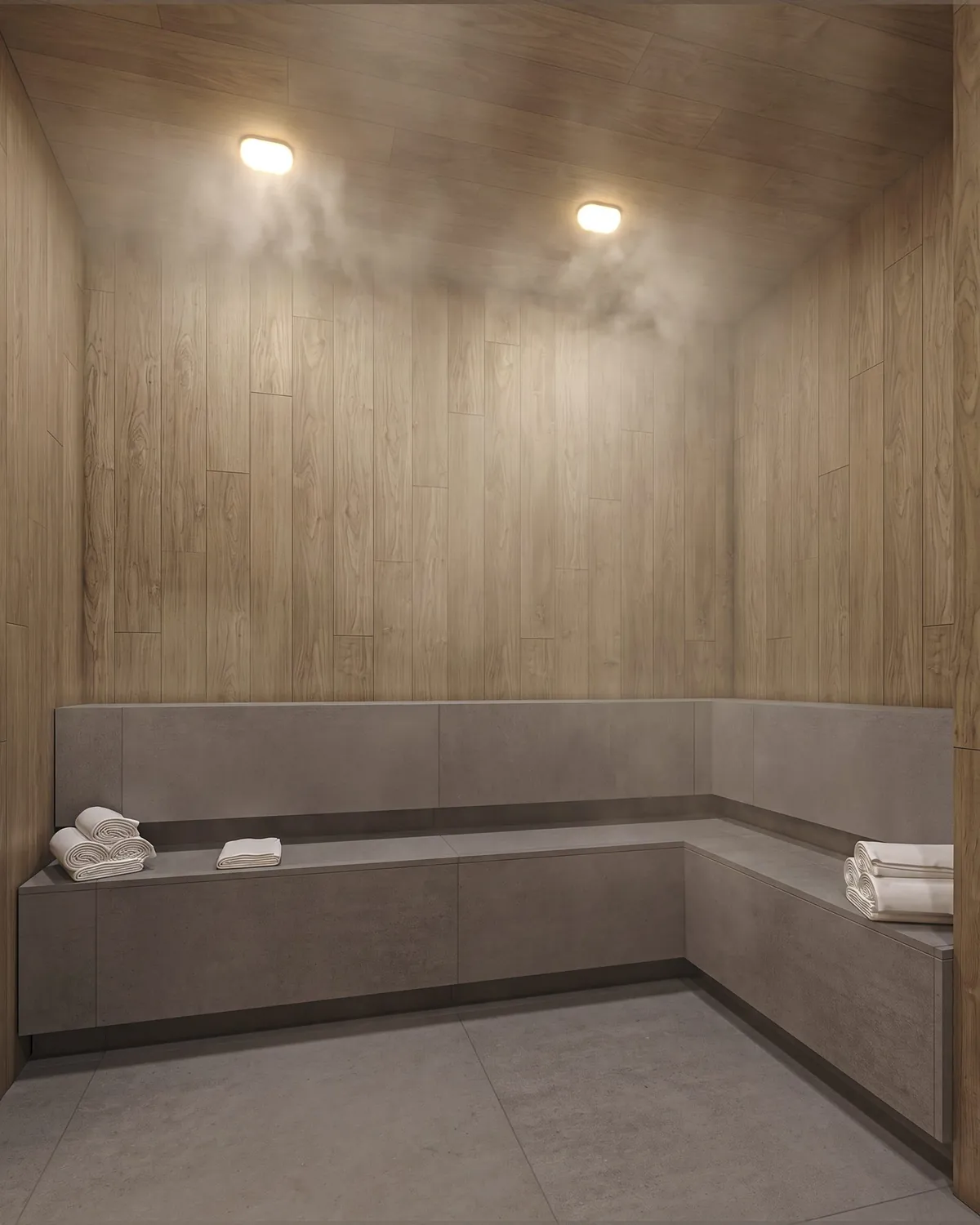 Sauna a vapor revestida em madeira